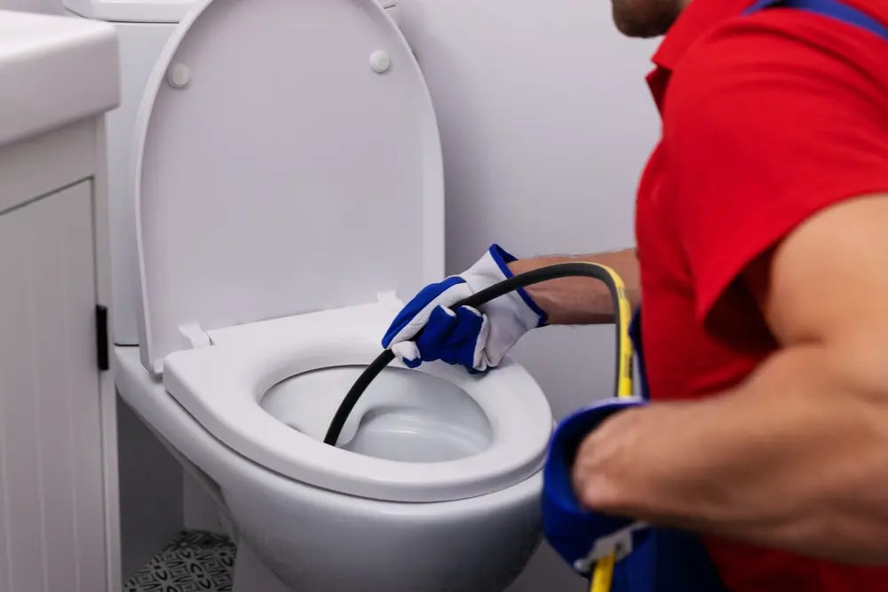 Plumber clearing a bathroom drain with a professional drain auger in a residential bathroom