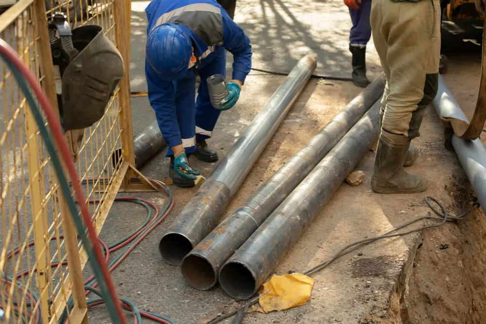 Poly-B Plumbing crew excavating to replace a damaged water line on a residential property