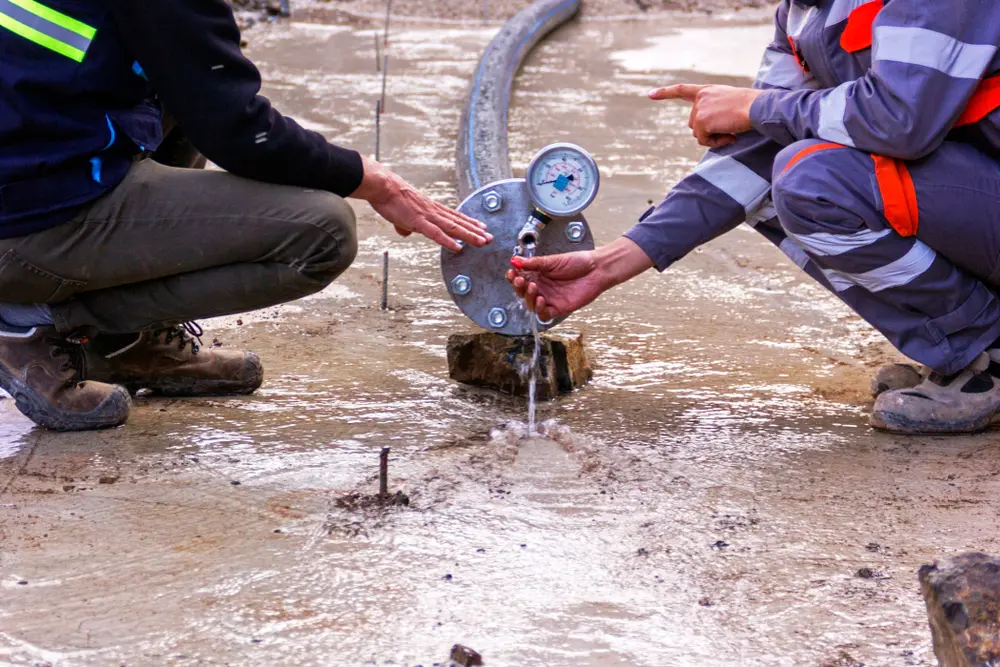 Plumber reviewing job plans at a residential and commercial plumbing site with safety gear and certification