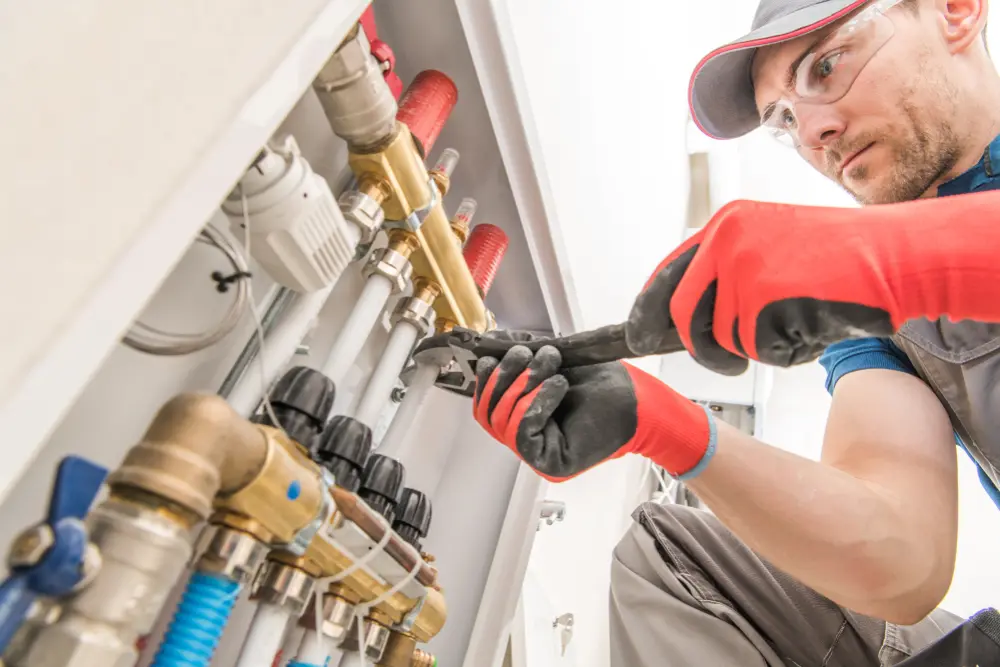 Homeowner and builder shaking hands with a Poly-B Plumbing technician at a residential construction site